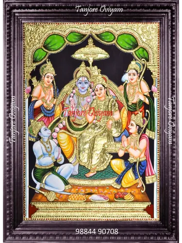 Ramar Pattabishegam Tanjore Painting showing Lord Rama and Sita with Hanuman and brothers in a serene coronation scene, handmade with gold foil